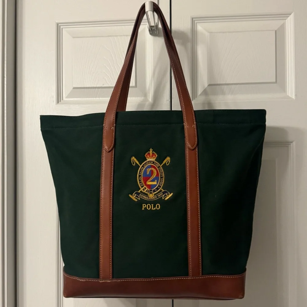 Polo by Ralph Lauren Green Canvas Tote with Brown Leather Trim - Picture 2 of 11